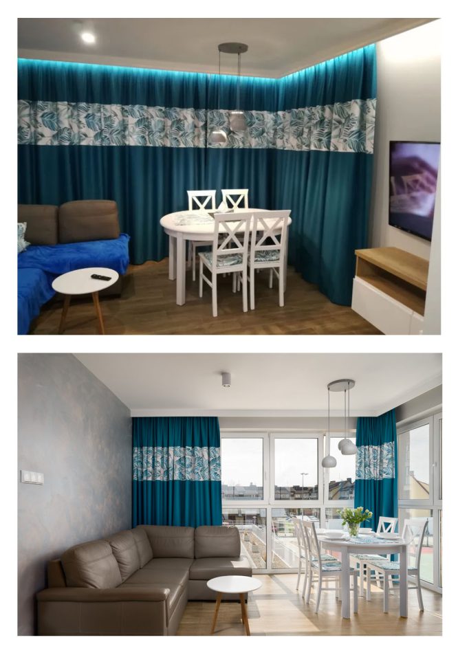 Zdjęcie przed i po sesji zdjęciowej salonu w apartamencie